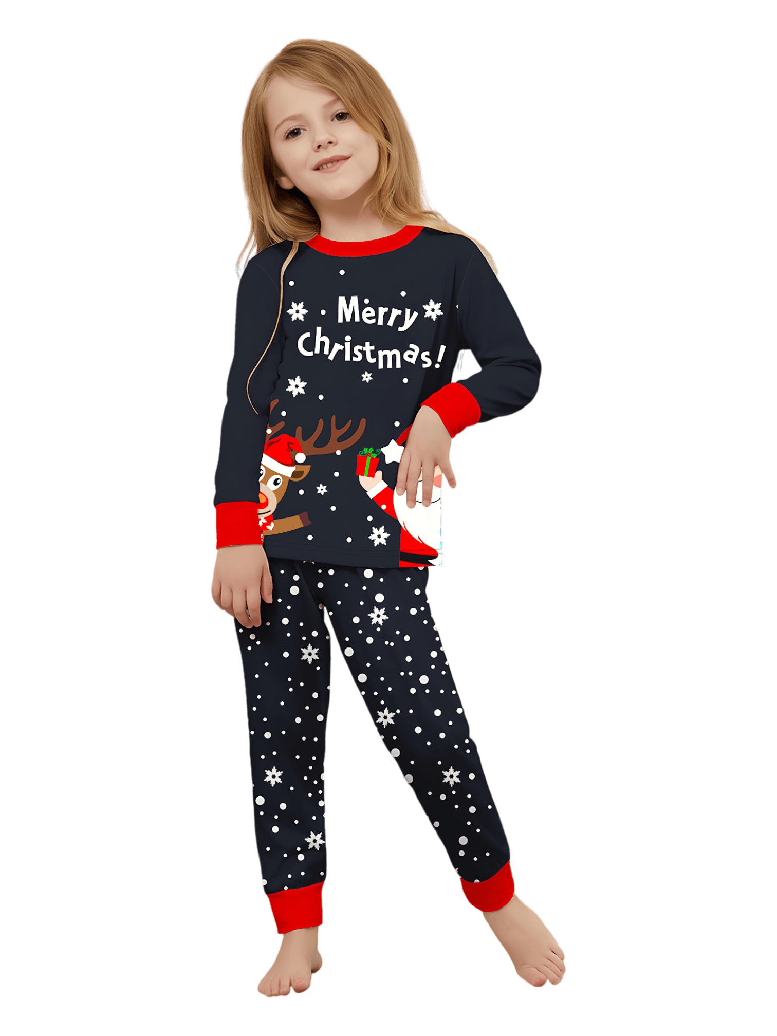 Verschneite Pyjamas, der Weihnachtsmann beschenkt sein kleines Rentier