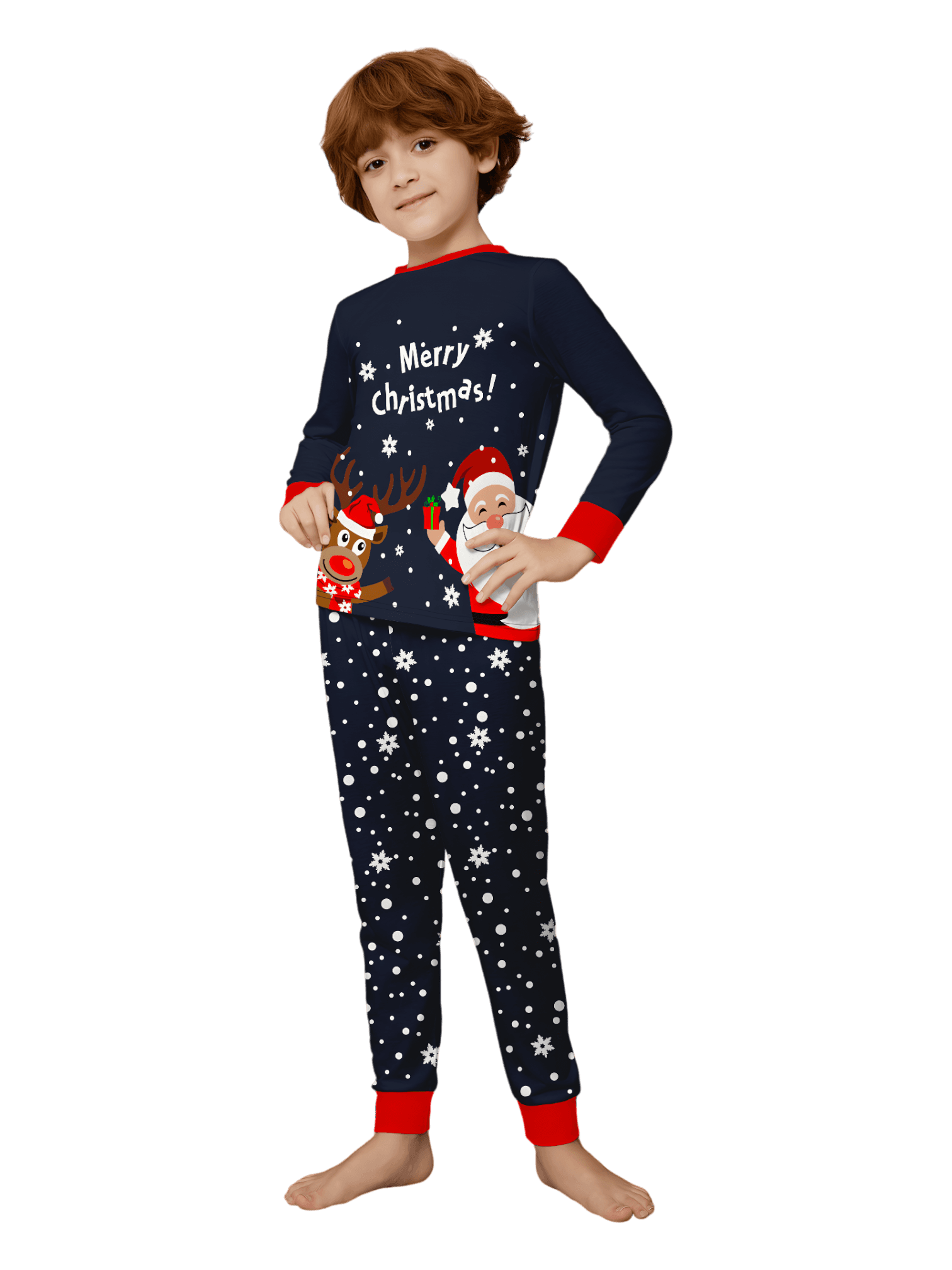 Verschneite Pyjamas, der Weihnachtsmann beschenkt sein kleines Rentier