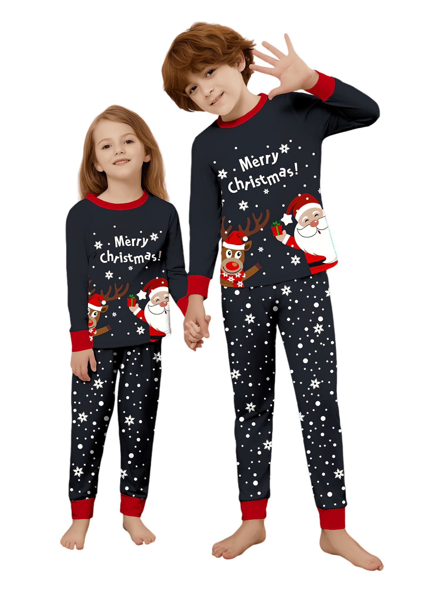 Verschneite Pyjamas, der Weihnachtsmann beschenkt sein kleines Rentier