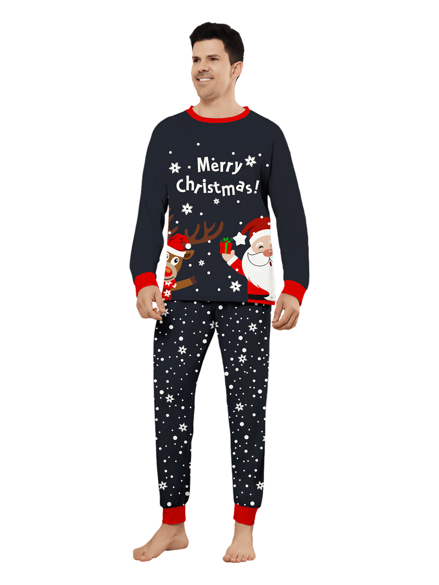 Verschneite Pyjamas, der Weihnachtsmann beschenkt sein kleines Rentier