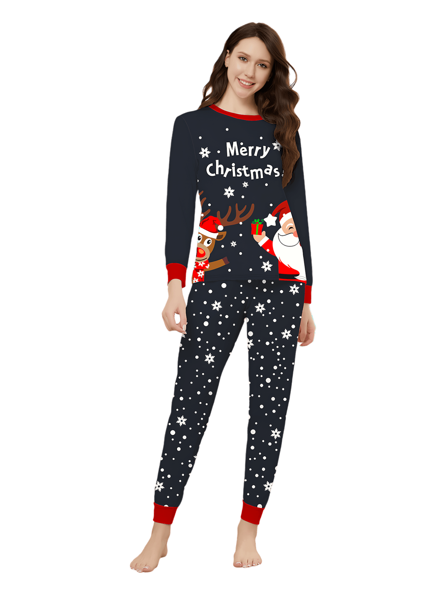 Verschneite Pyjamas, der Weihnachtsmann beschenkt sein kleines Rentier