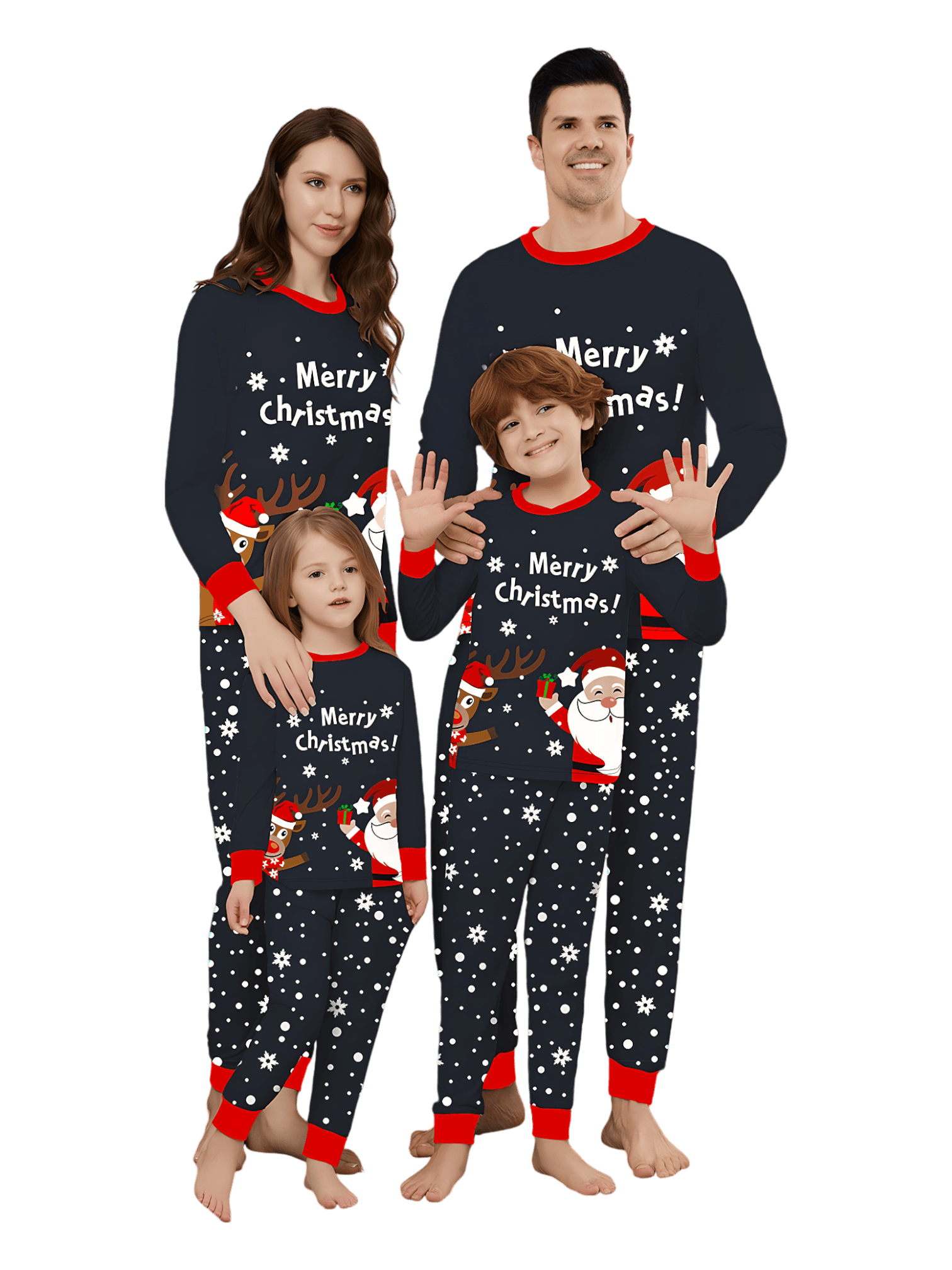 Verschneite Pyjamas, der Weihnachtsmann beschenkt sein kleines Rentier
