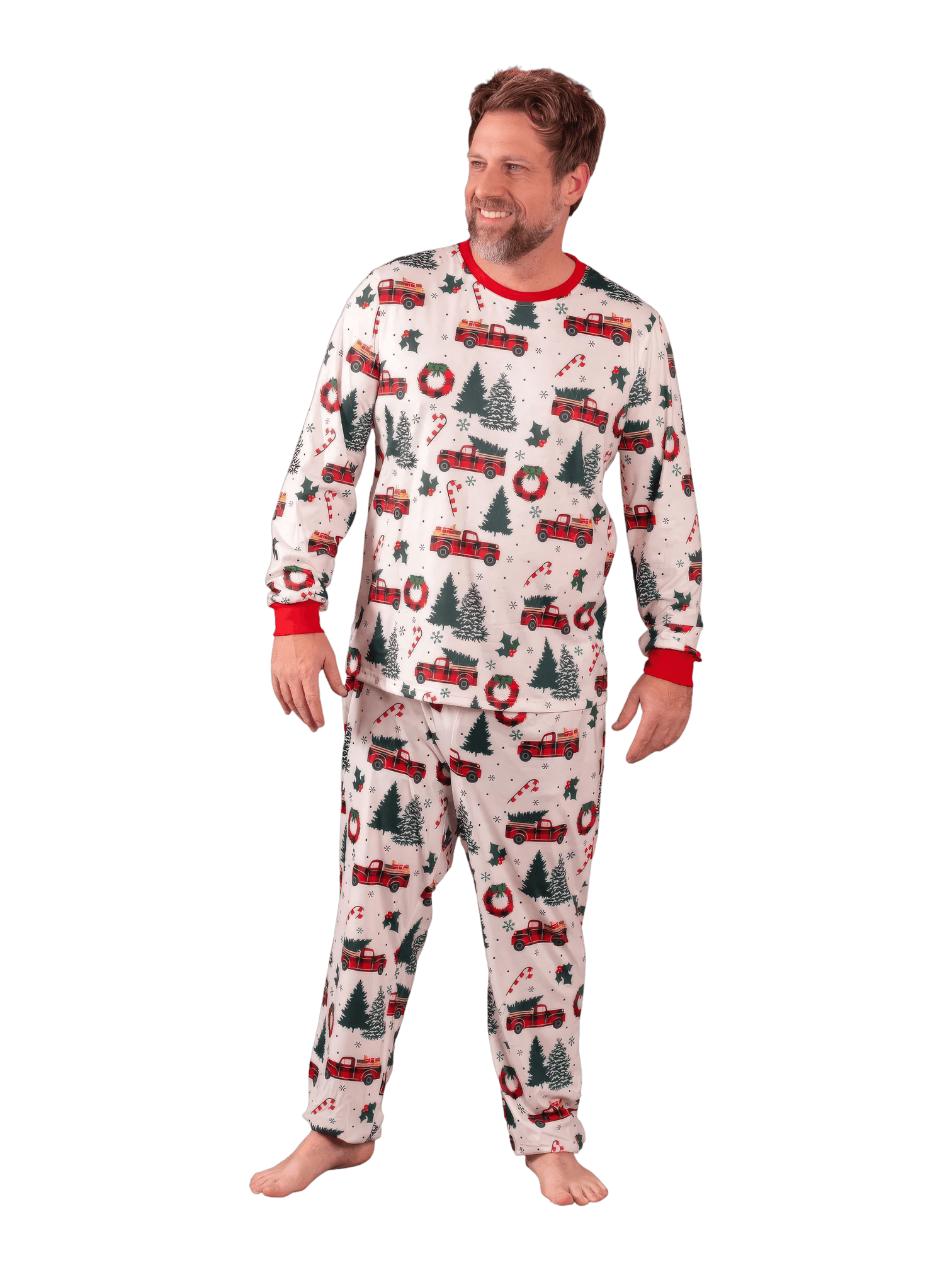 Superb white pyjamas with Christmas trees red trucks motifs for all the family