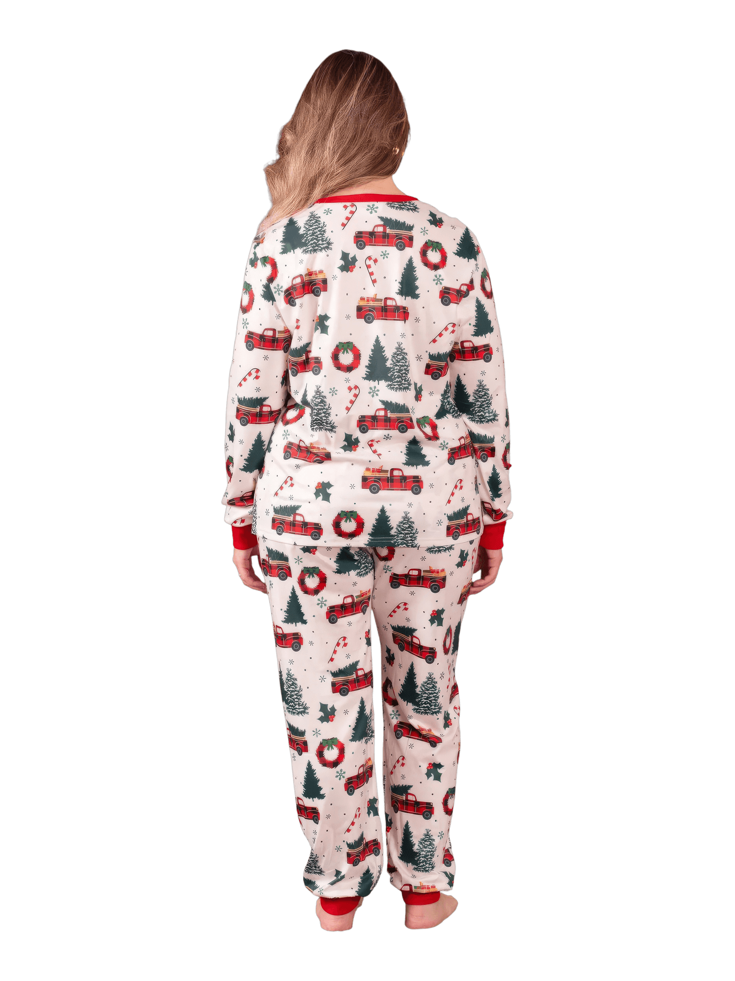 Superb white pyjamas with Christmas trees red trucks motifs for all the family