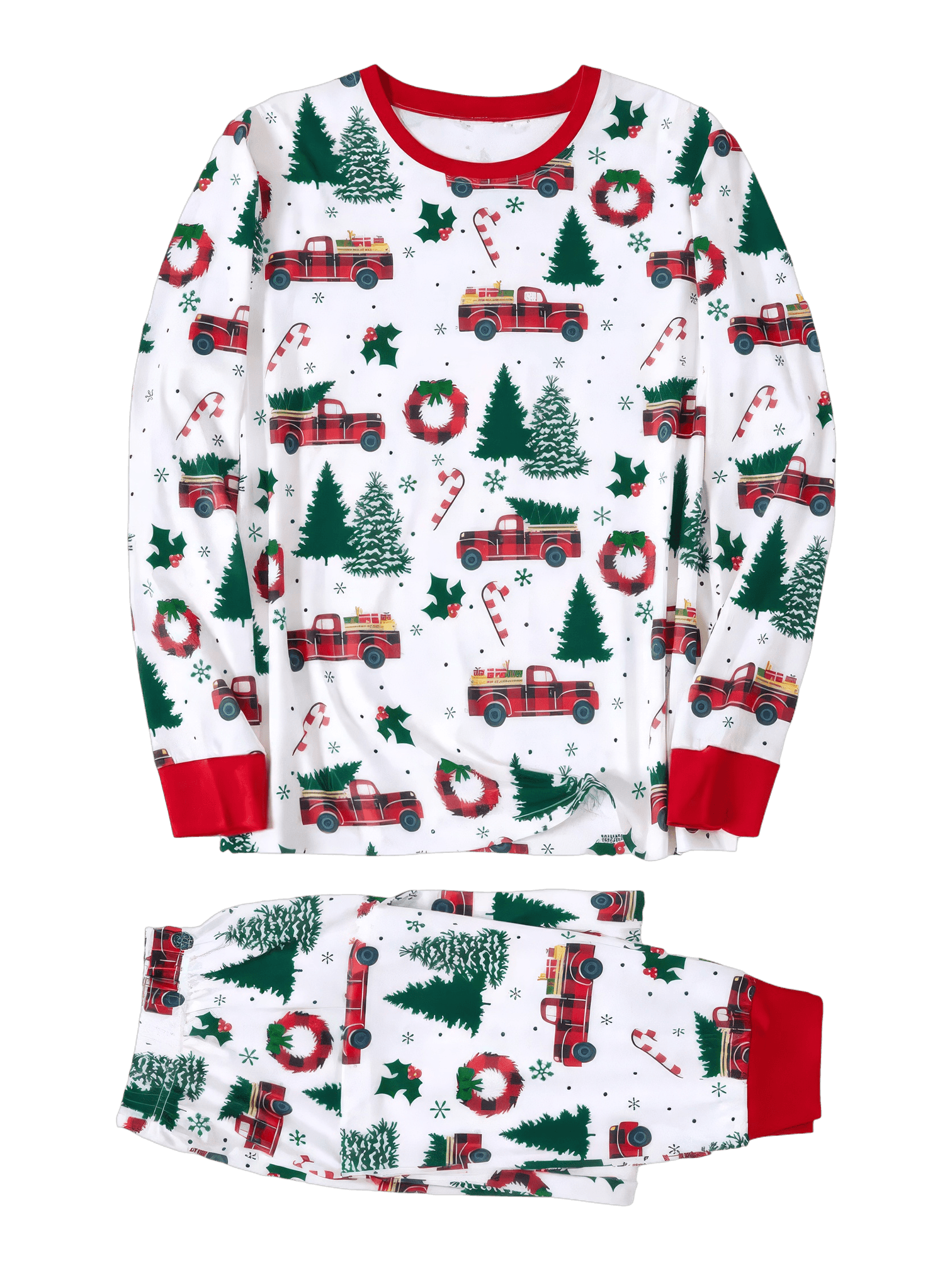Superb white pyjamas with Christmas trees red trucks motifs for all the family