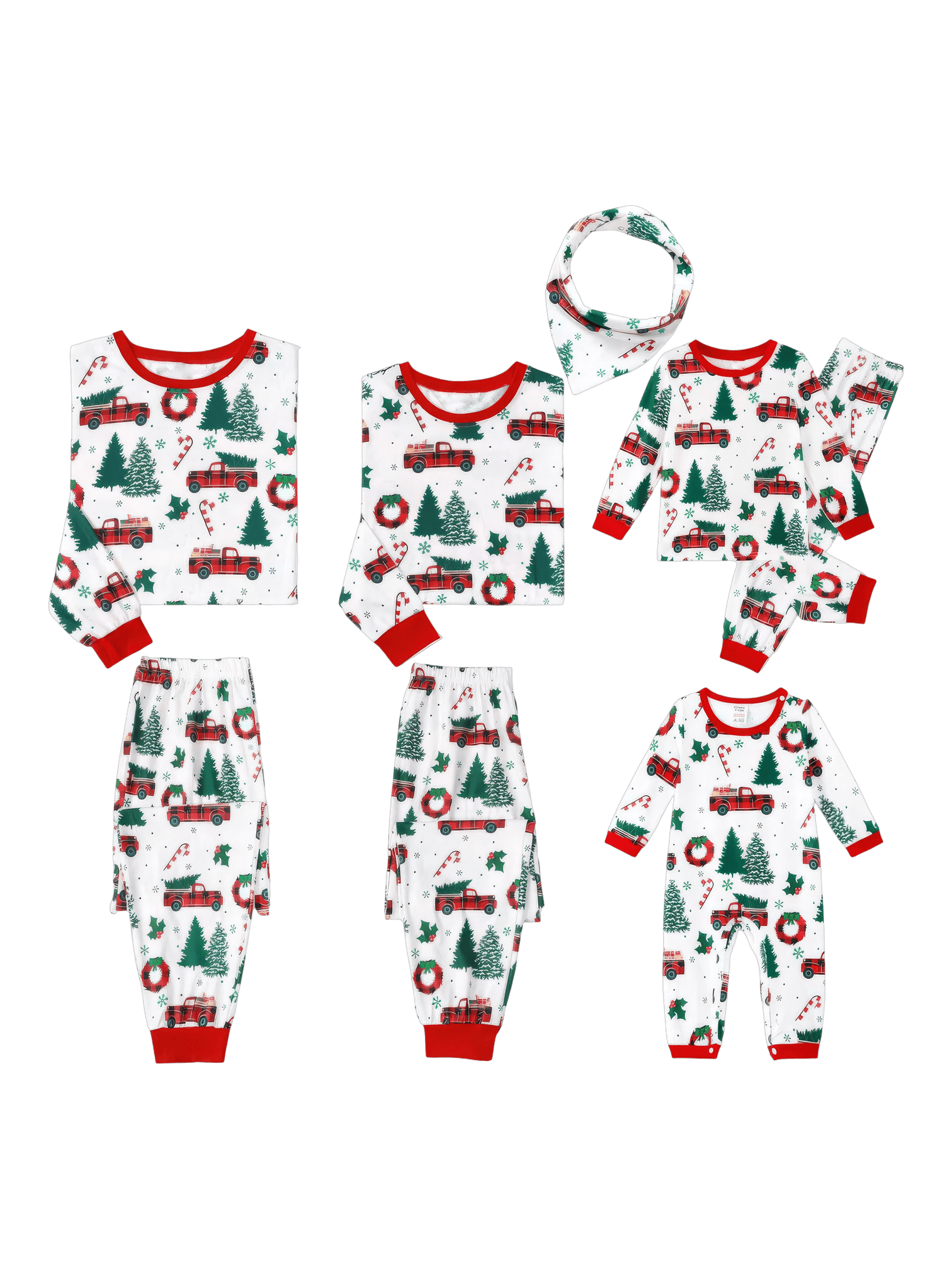Superb white pyjamas with Christmas trees red trucks motifs for all the family