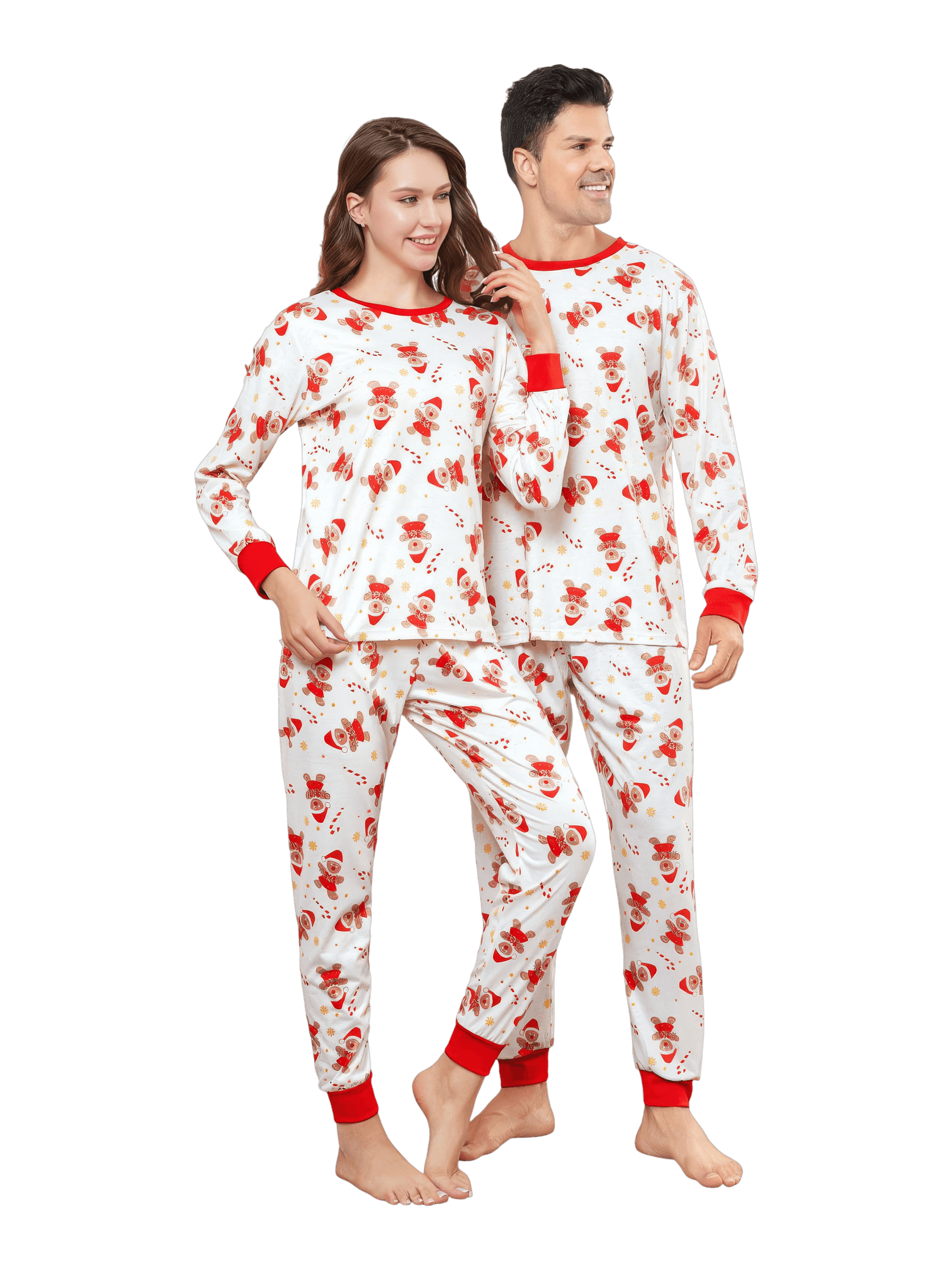 Little gingerbread motif white Christmas pyjamas for family, couples