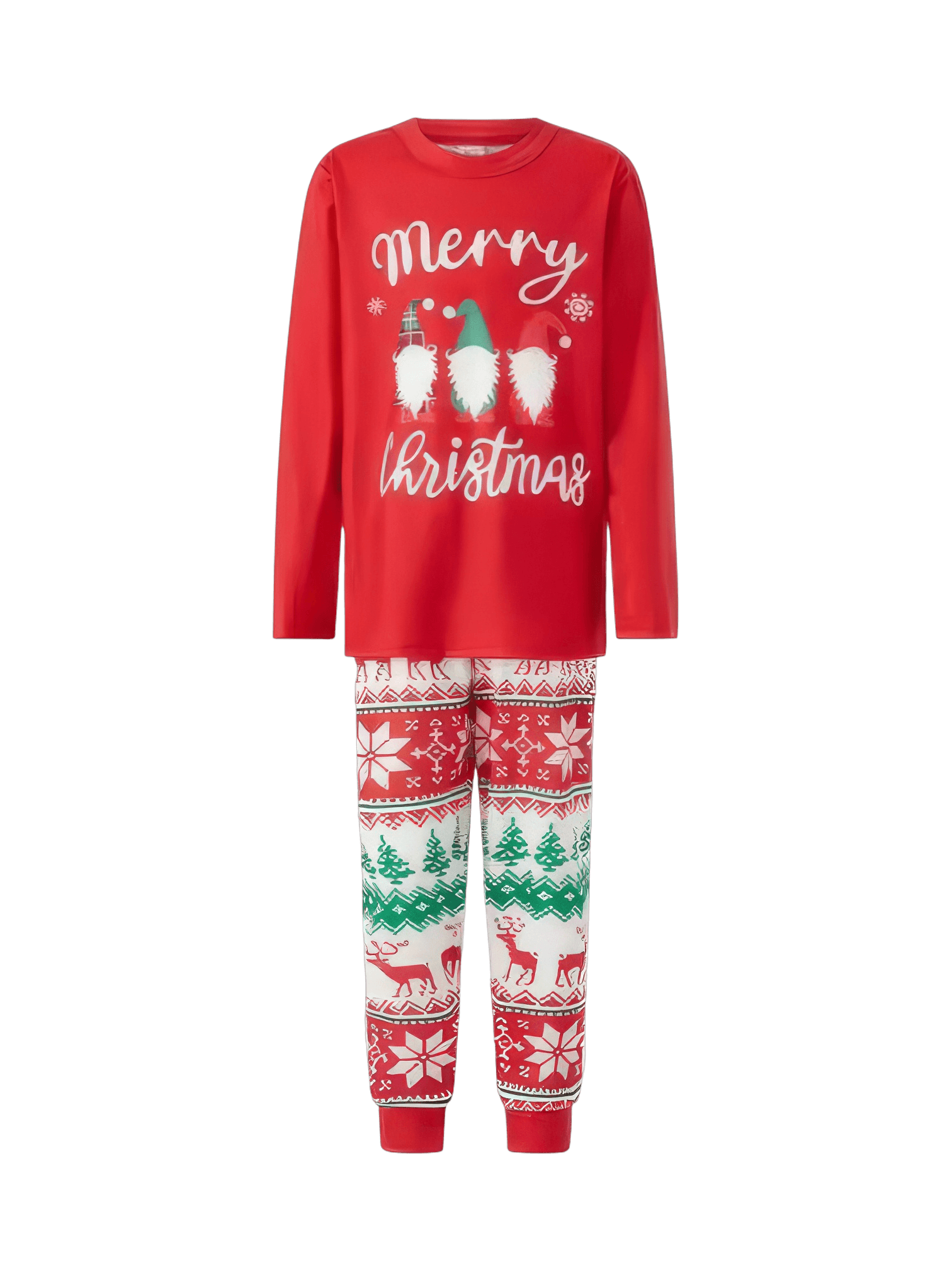 3 bearded elves with “Merry Christmas” print, red, patterns on pants