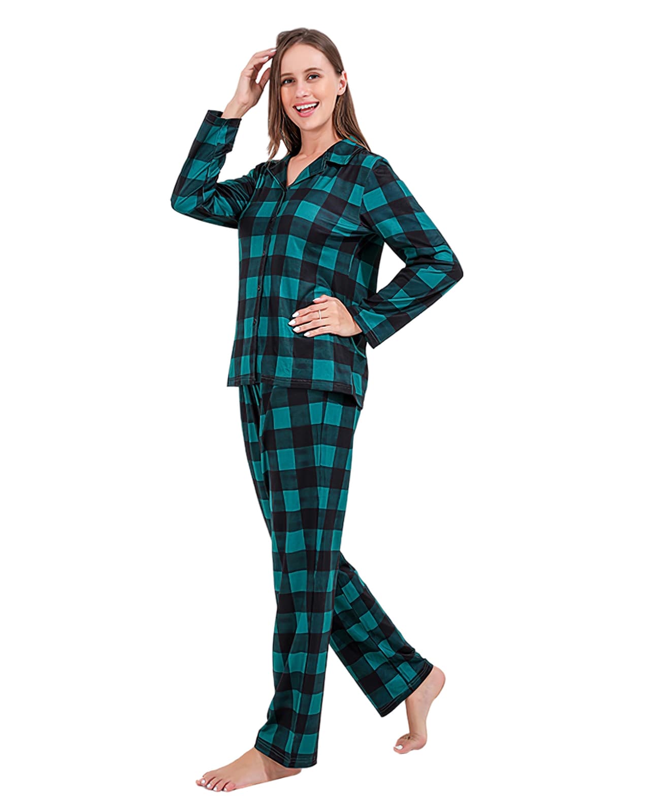 Modern green checked family Christmas pyjamas