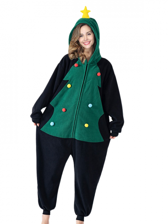 Kerstpyjama zwart met groen dennenboom motief