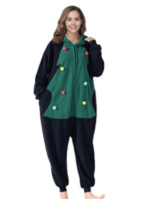 Christmas pajamas black with green fir tree pattern adult model front view