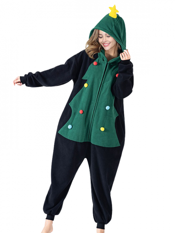 Pijama Navideño negro con dibujo de abeto verde