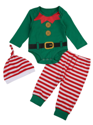 Christmas pajamas green elf with white and red stripes for babies and children baby model