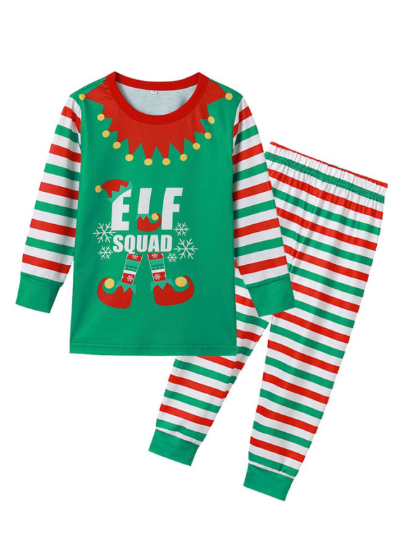 Christmas pajamas green striped with Elf Squad pattern