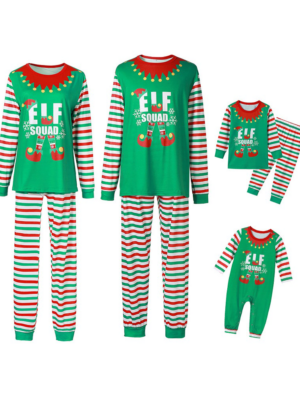 Kerstpyjama groen gestreept met Elf Squad patroon