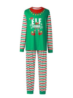 Christmas pyjamas in green with red and white stripes and Elf Squad pattern on the chest for the whole family mans model