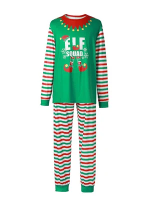 Christmas-pyjamas-in-green-with-red-and-white-stripes-and-Elf-Squad-pattern-on-the-chest-for-the-whole-family-man’s-model