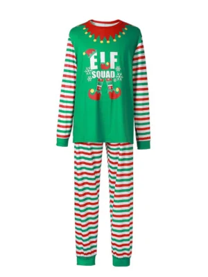 Christmas-pyjamas-in-green-with-red-and-white-stripes-and-Elf-Squad-pattern-on-the-chest-for-the-whole-family-man's-model