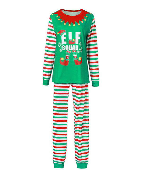 Weihnachtspyjama grün gestreift mit Elf Squad Muster