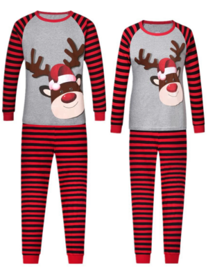 Christmas pyjamas-with stripes-Rudolph reindeer-red-nose-adult-model-red-black-stripes