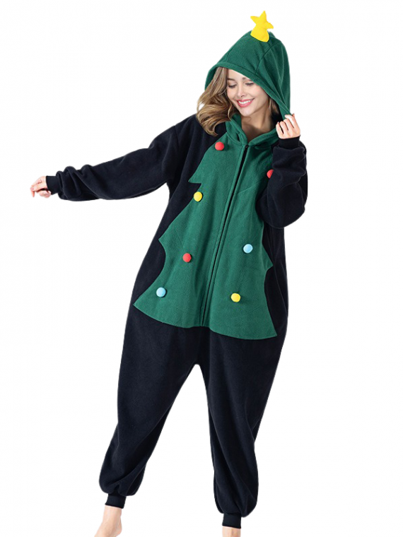 Kerstpyjama zwart met groen dennenboom motief