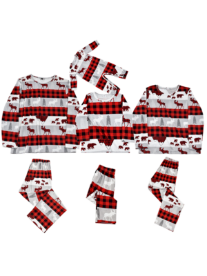 Red grey and black checkered christmas pyjamas with bear and caribou patterns all model