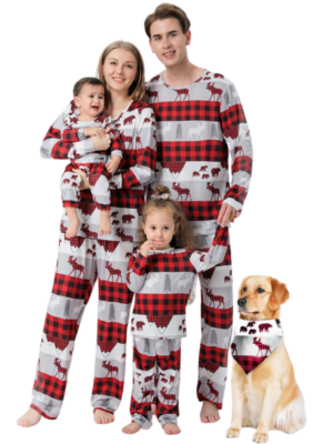 Christmas pyjamas caribou bear and fir tree