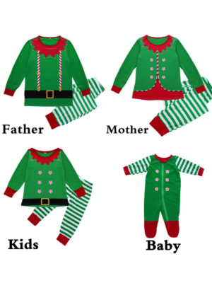 Weihnachtspyjama mit weißen Streifen Kleiner grüner Kobold Familie alle Modelle