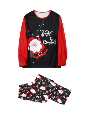 Matching Christmas pajamas family couples Santa is Coming black red mens and womens models