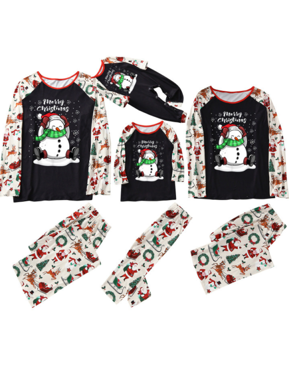 Merry Christmas and Snowman print Christmas pajamas, white and black