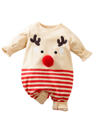 Baby julpyjamas 3D röd näsa, söt liten ren, beige och röd