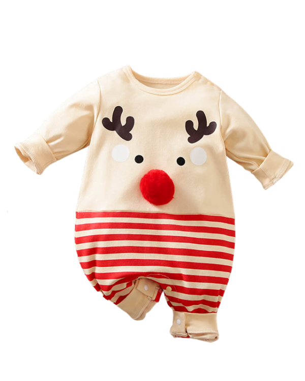 Baby julpyjamas 3D röd näsa, söt liten ren, beige och röd