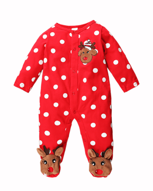 Baby kerst romper geborduurd met een klein rendier, rood en wit