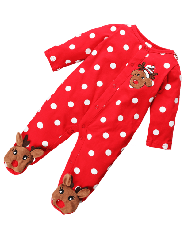 Baby kerst romper geborduurd met een klein rendier, rood en wit