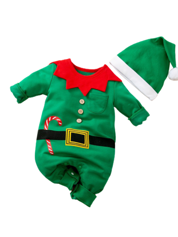 Weihnachtspyjama Baby grüner Elf mit Mütze, grün und rot