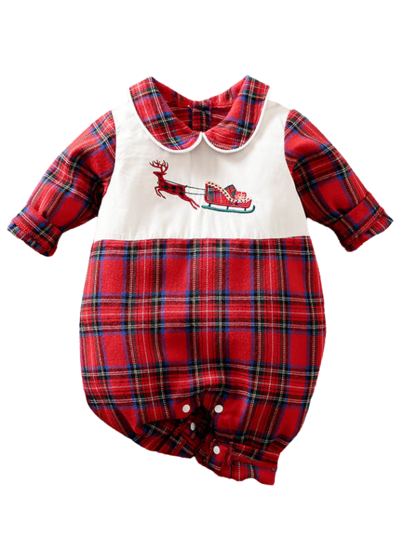 Vintage baby kerstpyjama, geborduurd met een vliegend rendier en slee, rood en wit