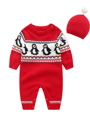 Weihnachtsstrampler für Baby mit Pinguinen bestickt