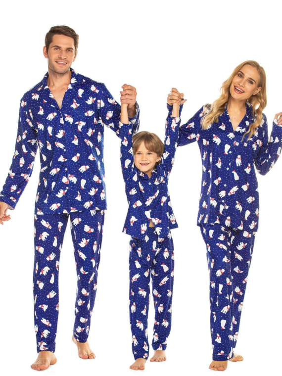 Elegante pijama de Navidad con botones Oso polar, azul y blanco