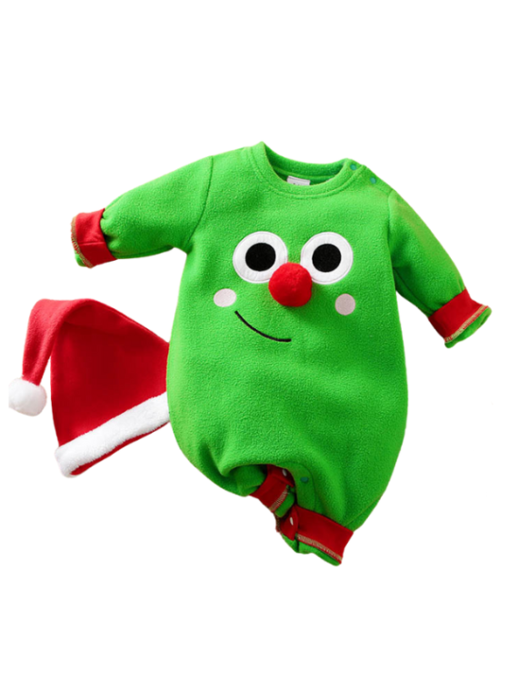 Pequeña criatura navideña verde con gran nariz roja Pijama 3D para bebés, verde y rojo