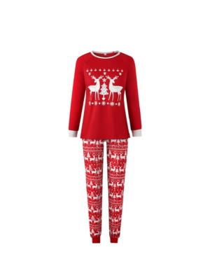 Red Christmas pajamas with two reindeer around a tree and patterns adult model matching