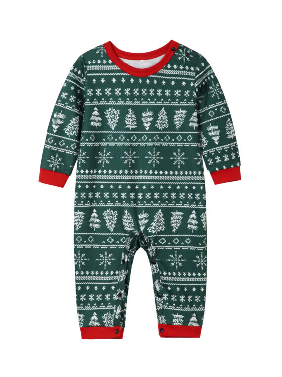 Modern green Christmas pyjamas with winter motifs, snowflakes, fir trees