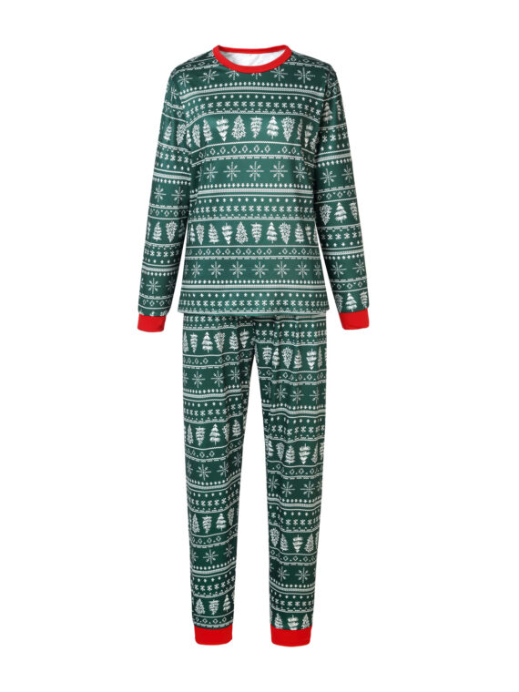 Modern green Christmas pyjamas with winter motifs, snowflakes, fir trees