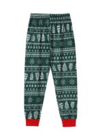 Modern green Christmas pyjamas with winter motifs, snowflakes, fir trees