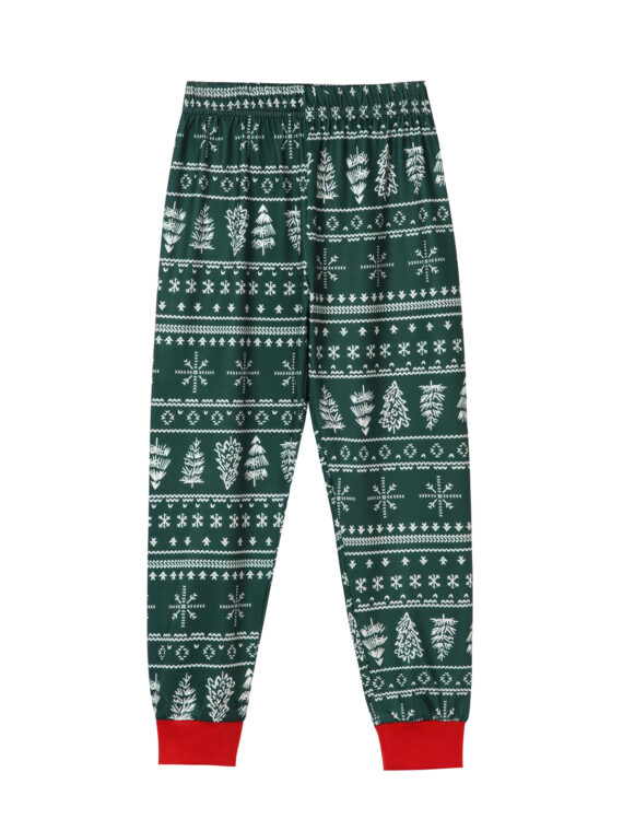 Modern green Christmas pyjamas with winter motifs, snowflakes, fir trees