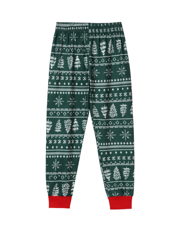 Modern green Christmas pyjamas with winter motifs, snowflakes, fir trees