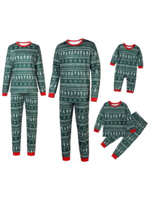 Modern green Christmas pyjamas with winter motifs, snowflakes, fir trees