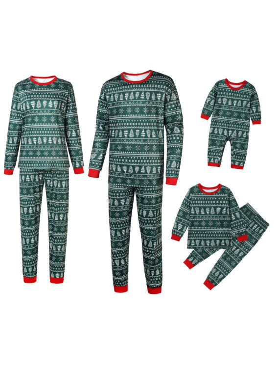 Modern green Christmas pyjamas with winter motifs, snowflakes, fir trees