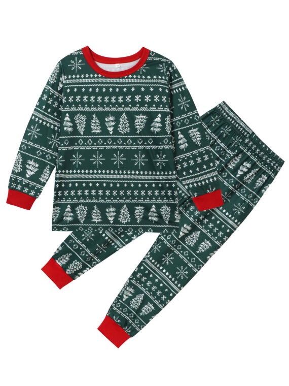 Modern green Christmas pyjamas with winter motifs, snowflakes, fir trees