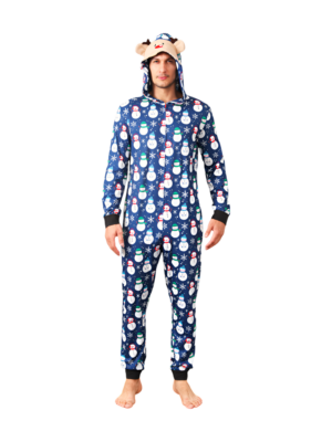 Blue snowman jumpsuit with reindeer hood for all ages men front