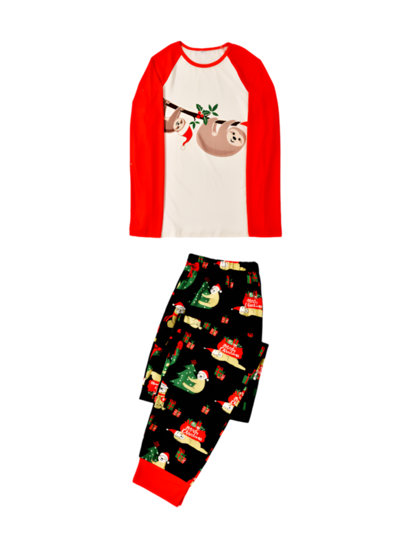 Christmas Sloths hanging from the garlands, whole matching family pyjamas